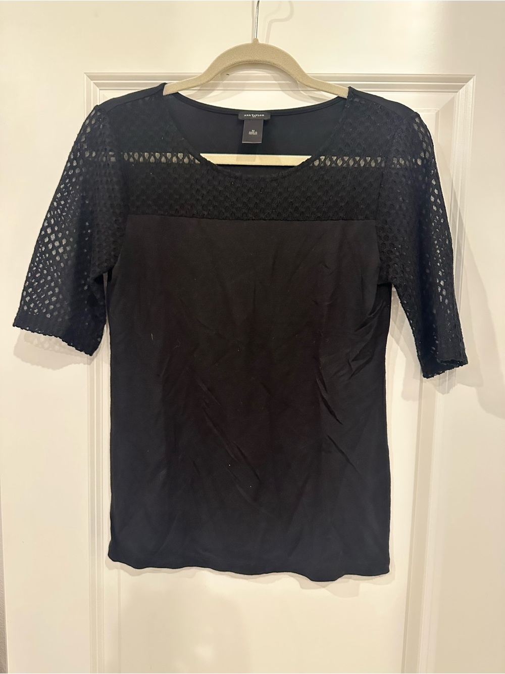 Ann Taylor Black Short Sleeve Lace Yoke Top